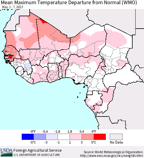 Western Africa Mean Maximum Temperature Departure from Normal (WMO) Thematic Map For 5/1/2023 - 5/7/2023