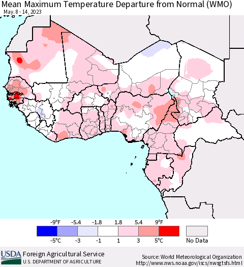Western Africa Mean Maximum Temperature Departure from Normal (WMO) Thematic Map For 5/8/2023 - 5/14/2023