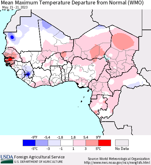 Western Africa Mean Maximum Temperature Departure from Normal (WMO) Thematic Map For 5/15/2023 - 5/21/2023