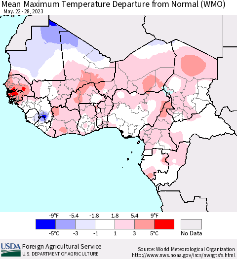 Western Africa Mean Maximum Temperature Departure from Normal (WMO) Thematic Map For 5/22/2023 - 5/28/2023