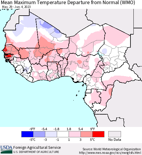Western Africa Mean Maximum Temperature Departure from Normal (WMO) Thematic Map For 5/29/2023 - 6/4/2023
