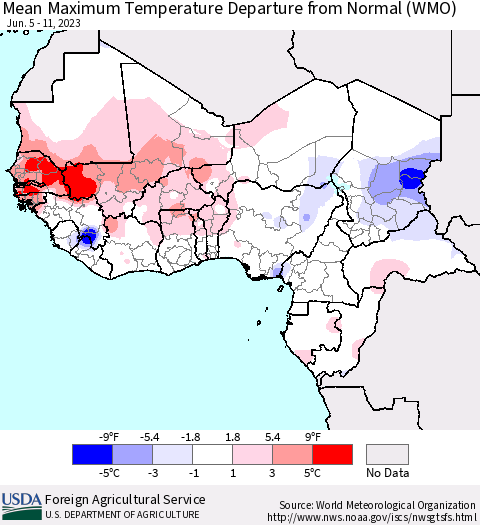 Western Africa Mean Maximum Temperature Departure from Normal (WMO) Thematic Map For 6/5/2023 - 6/11/2023