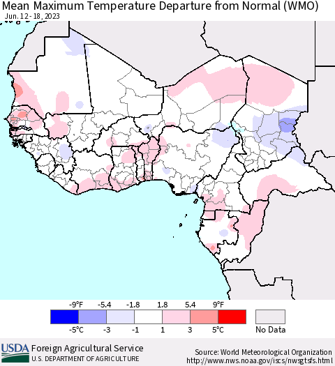 Western Africa Mean Maximum Temperature Departure from Normal (WMO) Thematic Map For 6/12/2023 - 6/18/2023