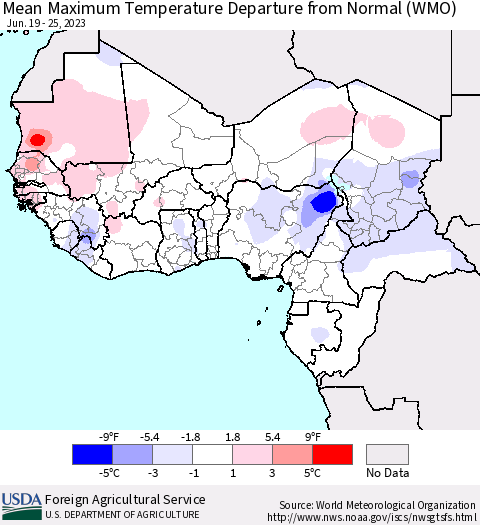 Western Africa Mean Maximum Temperature Departure from Normal (WMO) Thematic Map For 6/19/2023 - 6/25/2023