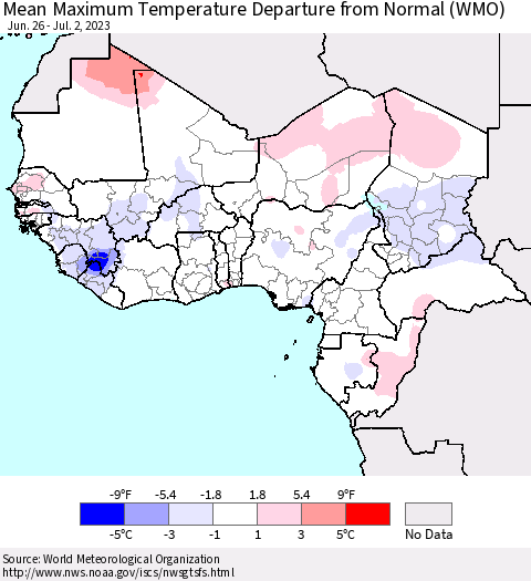 Western Africa Mean Maximum Temperature Departure from Normal (WMO) Thematic Map For 6/26/2023 - 7/2/2023