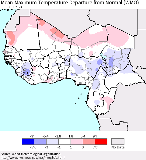 Western Africa Mean Maximum Temperature Departure from Normal (WMO) Thematic Map For 7/3/2023 - 7/9/2023