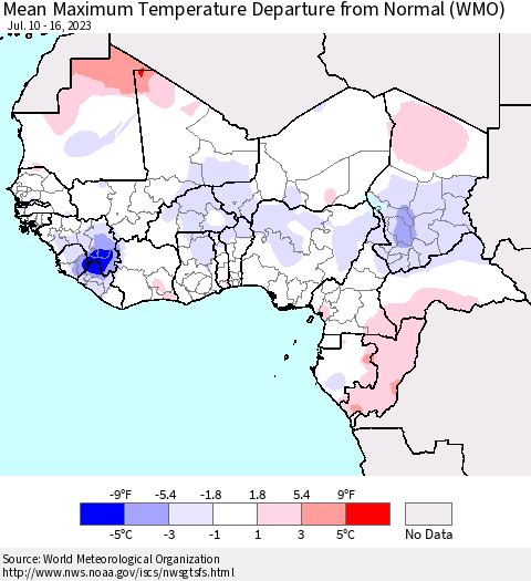 Western Africa Mean Maximum Temperature Departure from Normal (WMO) Thematic Map For 7/10/2023 - 7/16/2023