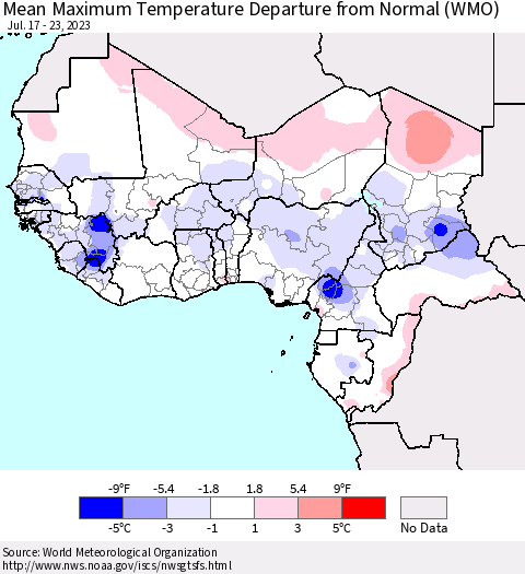 Western Africa Mean Maximum Temperature Departure from Normal (WMO) Thematic Map For 7/17/2023 - 7/23/2023