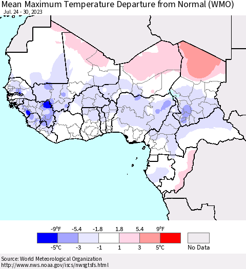Western Africa Mean Maximum Temperature Departure from Normal (WMO) Thematic Map For 7/24/2023 - 7/30/2023