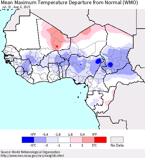 Western Africa Mean Maximum Temperature Departure from Normal (WMO) Thematic Map For 7/31/2023 - 8/6/2023