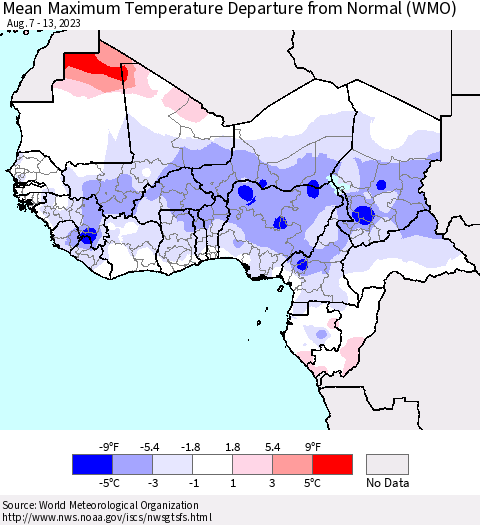 Western Africa Mean Maximum Temperature Departure from Normal (WMO) Thematic Map For 8/7/2023 - 8/13/2023