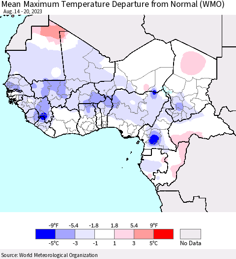 Western Africa Mean Maximum Temperature Departure from Normal (WMO) Thematic Map For 8/14/2023 - 8/20/2023