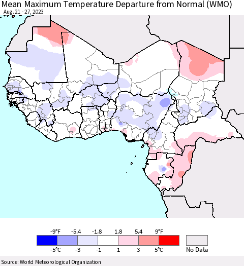 Western Africa Mean Maximum Temperature Departure from Normal (WMO) Thematic Map For 8/21/2023 - 8/27/2023
