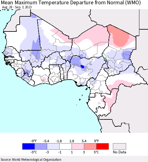Western Africa Mean Maximum Temperature Departure from Normal (WMO) Thematic Map For 8/28/2023 - 9/3/2023