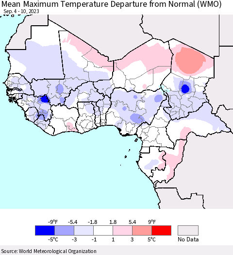 Western Africa Mean Maximum Temperature Departure from Normal (WMO) Thematic Map For 9/4/2023 - 9/10/2023
