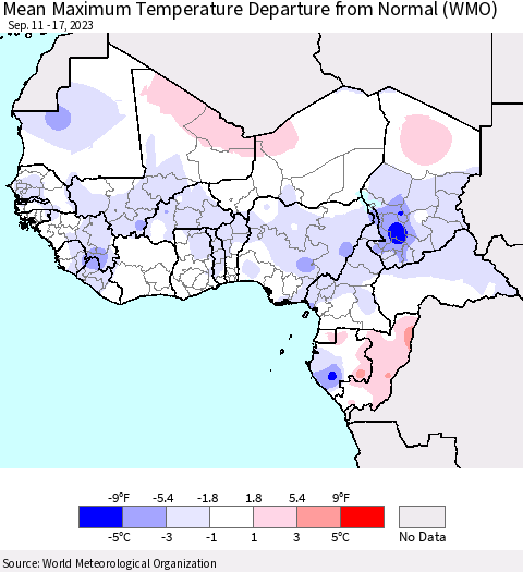 Western Africa Mean Maximum Temperature Departure from Normal (WMO) Thematic Map For 9/11/2023 - 9/17/2023