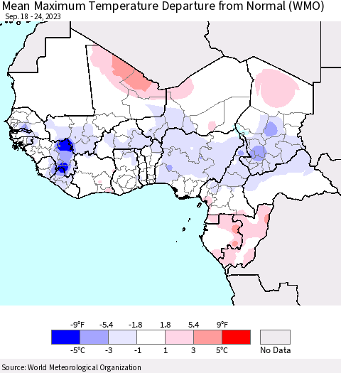 Western Africa Mean Maximum Temperature Departure from Normal (WMO) Thematic Map For 9/18/2023 - 9/24/2023