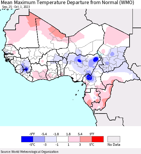 Western Africa Mean Maximum Temperature Departure from Normal (WMO) Thematic Map For 9/25/2023 - 10/1/2023