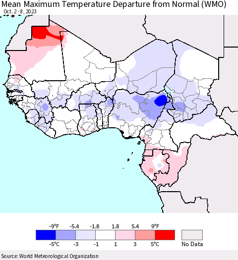 Western Africa Mean Maximum Temperature Departure from Normal (WMO) Thematic Map For 10/2/2023 - 10/8/2023