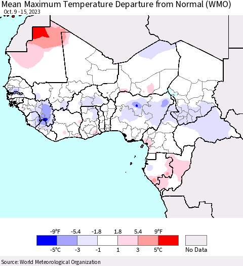 Western Africa Mean Maximum Temperature Departure from Normal (WMO) Thematic Map For 10/9/2023 - 10/15/2023