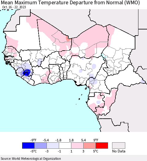 Western Africa Mean Maximum Temperature Departure from Normal (WMO) Thematic Map For 10/16/2023 - 10/22/2023