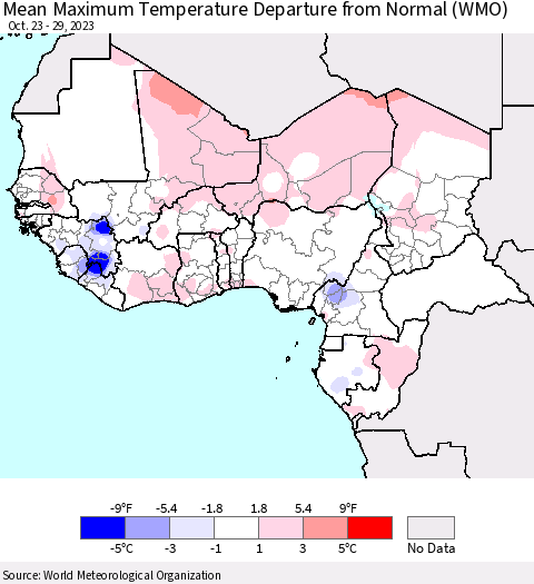 Western Africa Mean Maximum Temperature Departure from Normal (WMO) Thematic Map For 10/23/2023 - 10/29/2023