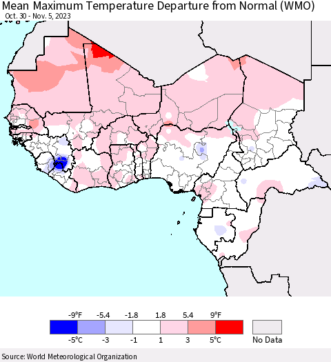 Western Africa Mean Maximum Temperature Departure from Normal (WMO) Thematic Map For 10/30/2023 - 11/5/2023