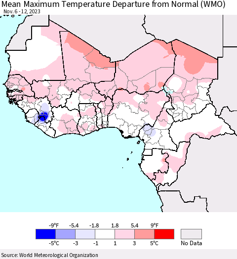 Western Africa Mean Maximum Temperature Departure from Normal (WMO) Thematic Map For 11/6/2023 - 11/12/2023