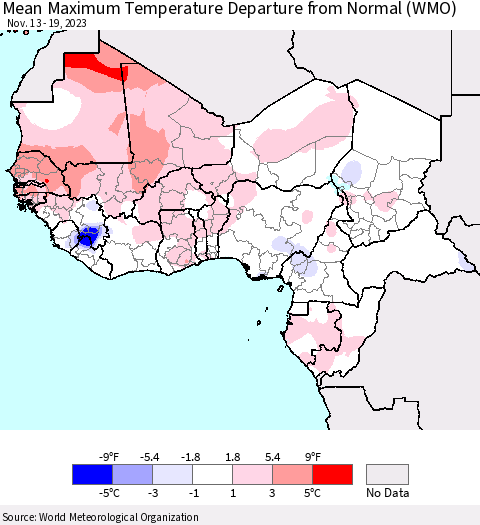 Western Africa Mean Maximum Temperature Departure from Normal (WMO) Thematic Map For 11/13/2023 - 11/19/2023