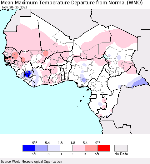 Western Africa Mean Maximum Temperature Departure from Normal (WMO) Thematic Map For 11/20/2023 - 11/26/2023