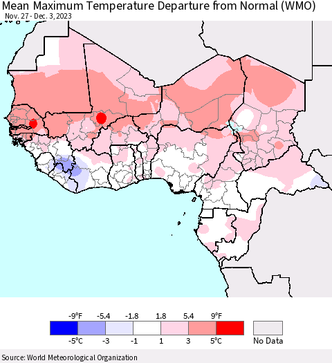 Western Africa Mean Maximum Temperature Departure from Normal (WMO) Thematic Map For 11/27/2023 - 12/3/2023