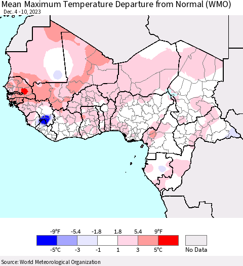 Western Africa Mean Maximum Temperature Departure from Normal (WMO) Thematic Map For 12/4/2023 - 12/10/2023
