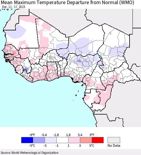 Western Africa Mean Maximum Temperature Departure from Normal (WMO) Thematic Map For 12/11/2023 - 12/17/2023