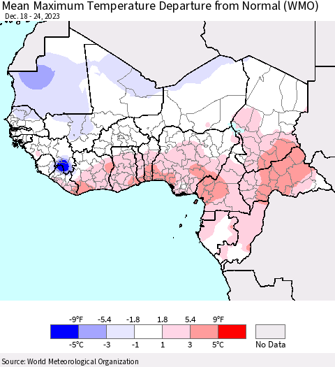 Western Africa Mean Maximum Temperature Departure from Normal (WMO) Thematic Map For 12/18/2023 - 12/24/2023