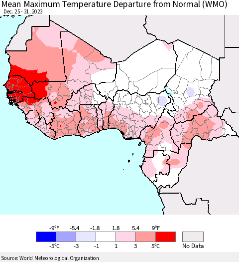 Western Africa Mean Maximum Temperature Departure from Normal (WMO) Thematic Map For 12/25/2023 - 12/31/2023