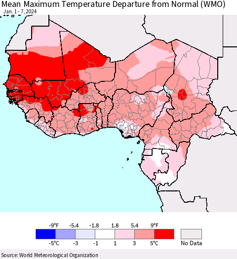 Western Africa Mean Maximum Temperature Departure from Normal (WMO) Thematic Map For 1/1/2024 - 1/7/2024