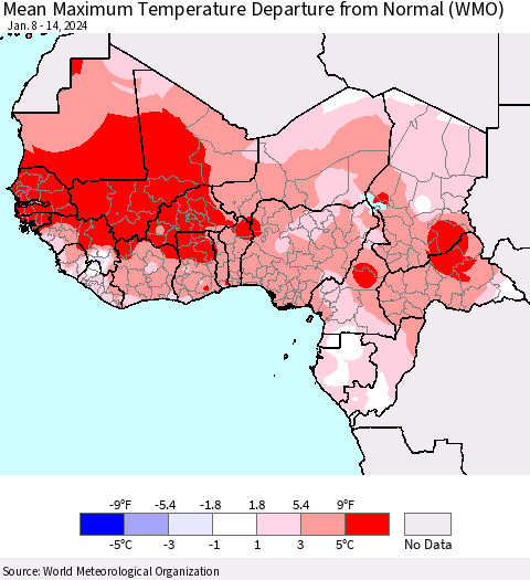 Western Africa Mean Maximum Temperature Departure from Normal (WMO) Thematic Map For 1/8/2024 - 1/14/2024