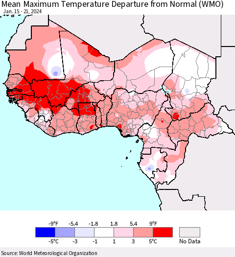 Western Africa Mean Maximum Temperature Departure from Normal (WMO) Thematic Map For 1/15/2024 - 1/21/2024
