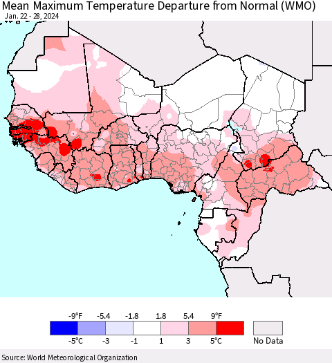 Western Africa Mean Maximum Temperature Departure from Normal (WMO) Thematic Map For 1/22/2024 - 1/28/2024