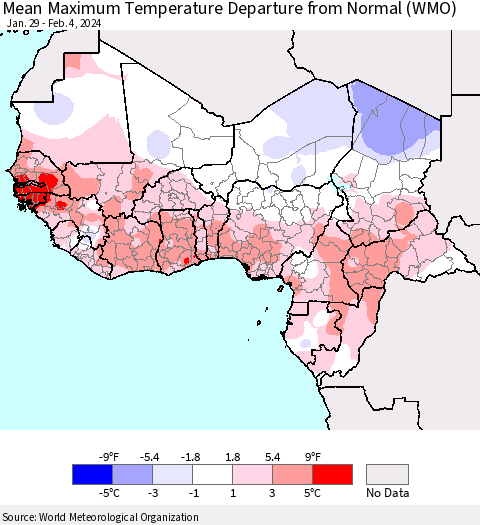 Western Africa Mean Maximum Temperature Departure from Normal (WMO) Thematic Map For 1/29/2024 - 2/4/2024