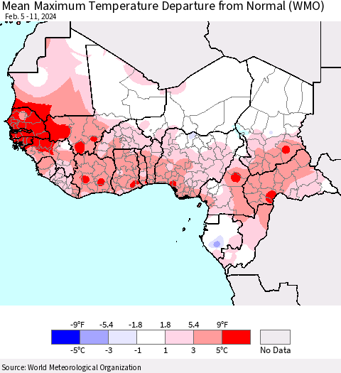 Western Africa Mean Maximum Temperature Departure from Normal (WMO) Thematic Map For 2/5/2024 - 2/11/2024