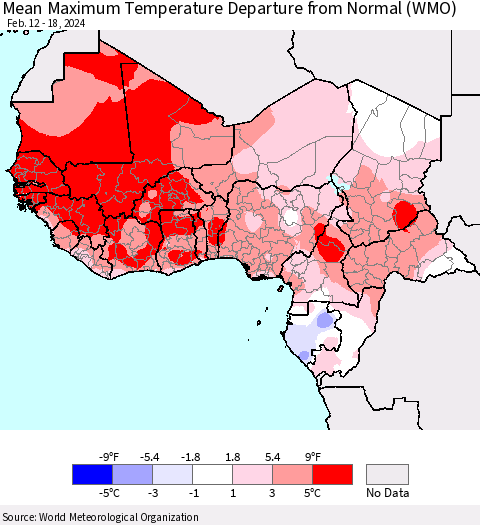 Western Africa Mean Maximum Temperature Departure from Normal (WMO) Thematic Map For 2/12/2024 - 2/18/2024