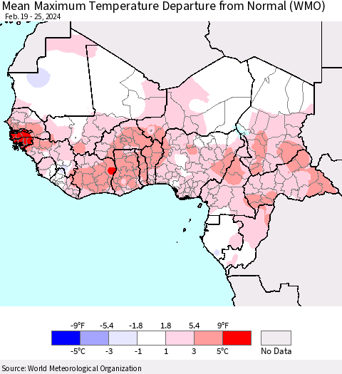Western Africa Mean Maximum Temperature Departure from Normal (WMO) Thematic Map For 2/19/2024 - 2/25/2024