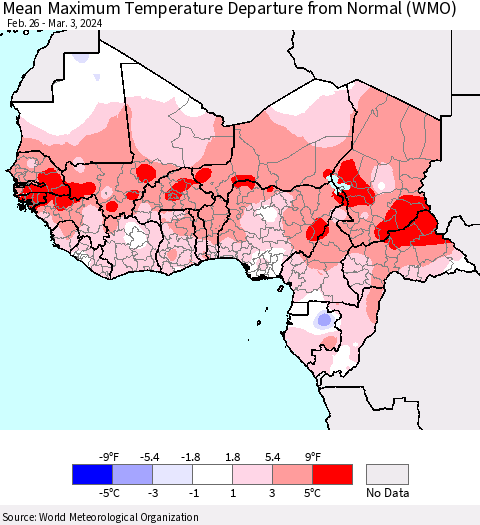 Western Africa Mean Maximum Temperature Departure from Normal (WMO) Thematic Map For 2/26/2024 - 3/3/2024