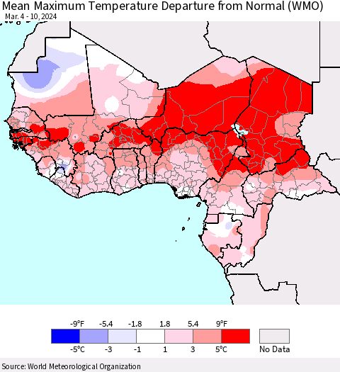 Western Africa Mean Maximum Temperature Departure from Normal (WMO) Thematic Map For 3/4/2024 - 3/10/2024