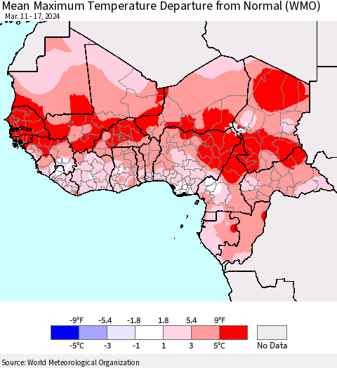 Western Africa Mean Maximum Temperature Departure from Normal (WMO) Thematic Map For 3/11/2024 - 3/17/2024