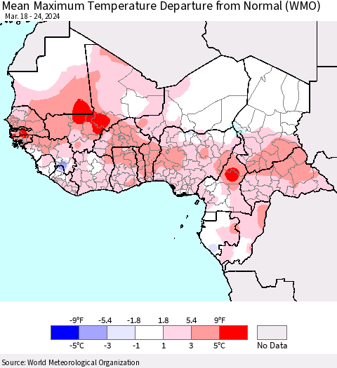 Western Africa Mean Maximum Temperature Departure from Normal (WMO) Thematic Map For 3/18/2024 - 3/24/2024