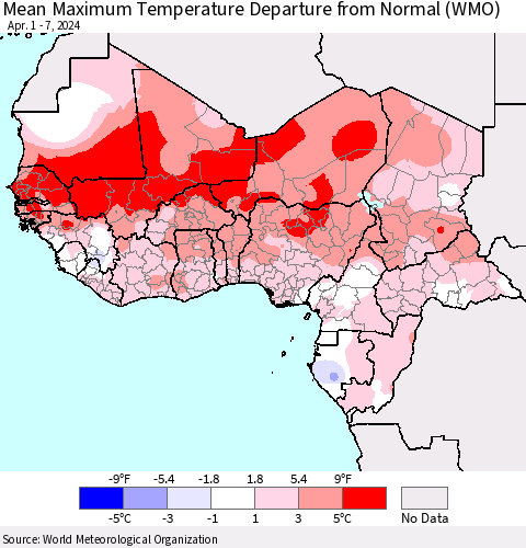 Western Africa Mean Maximum Temperature Departure from Normal (WMO) Thematic Map For 4/1/2024 - 4/7/2024