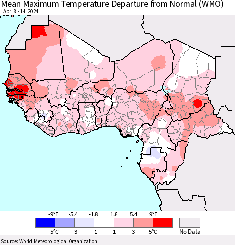 Western Africa Mean Maximum Temperature Departure from Normal (WMO) Thematic Map For 4/8/2024 - 4/14/2024
