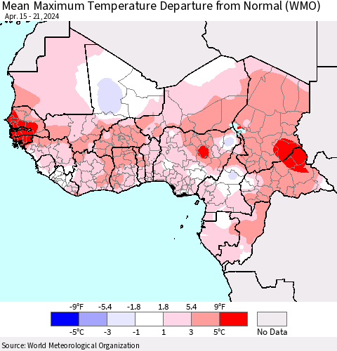 Western Africa Mean Maximum Temperature Departure from Normal (WMO) Thematic Map For 4/15/2024 - 4/21/2024